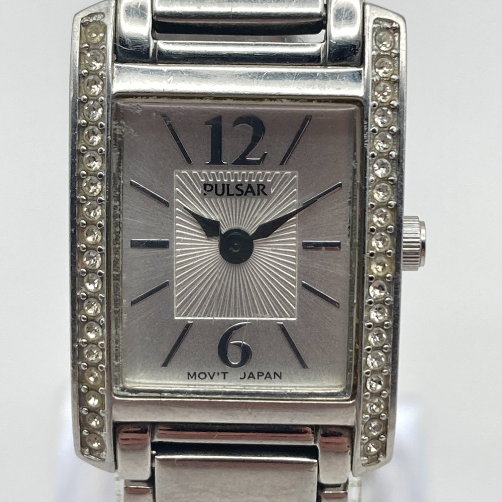 Pulsar Womens Tank Watch 18mm Silver Tone Crystals 1N00-X265 New Battery 6.5"